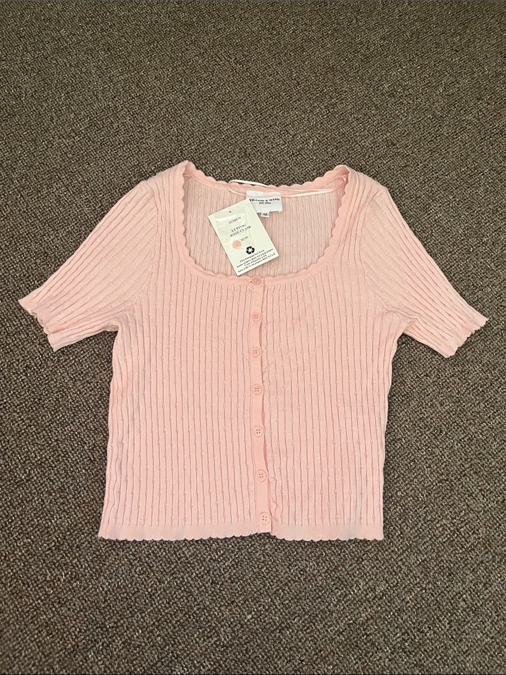 Ribbed Button-Front Short Sleeve Cardigan in Light Pink